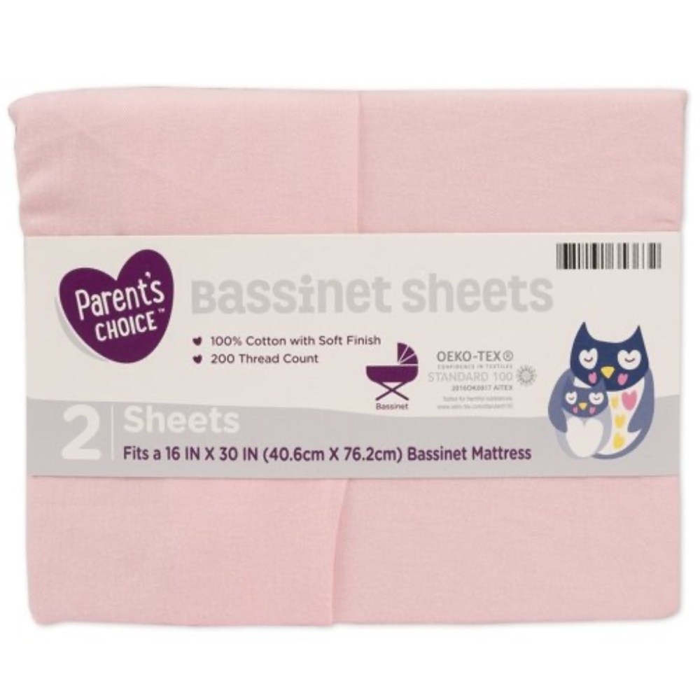 Parent's Choice 100% Cotton Bassinet 2-pk Fitted Sheets-Pink